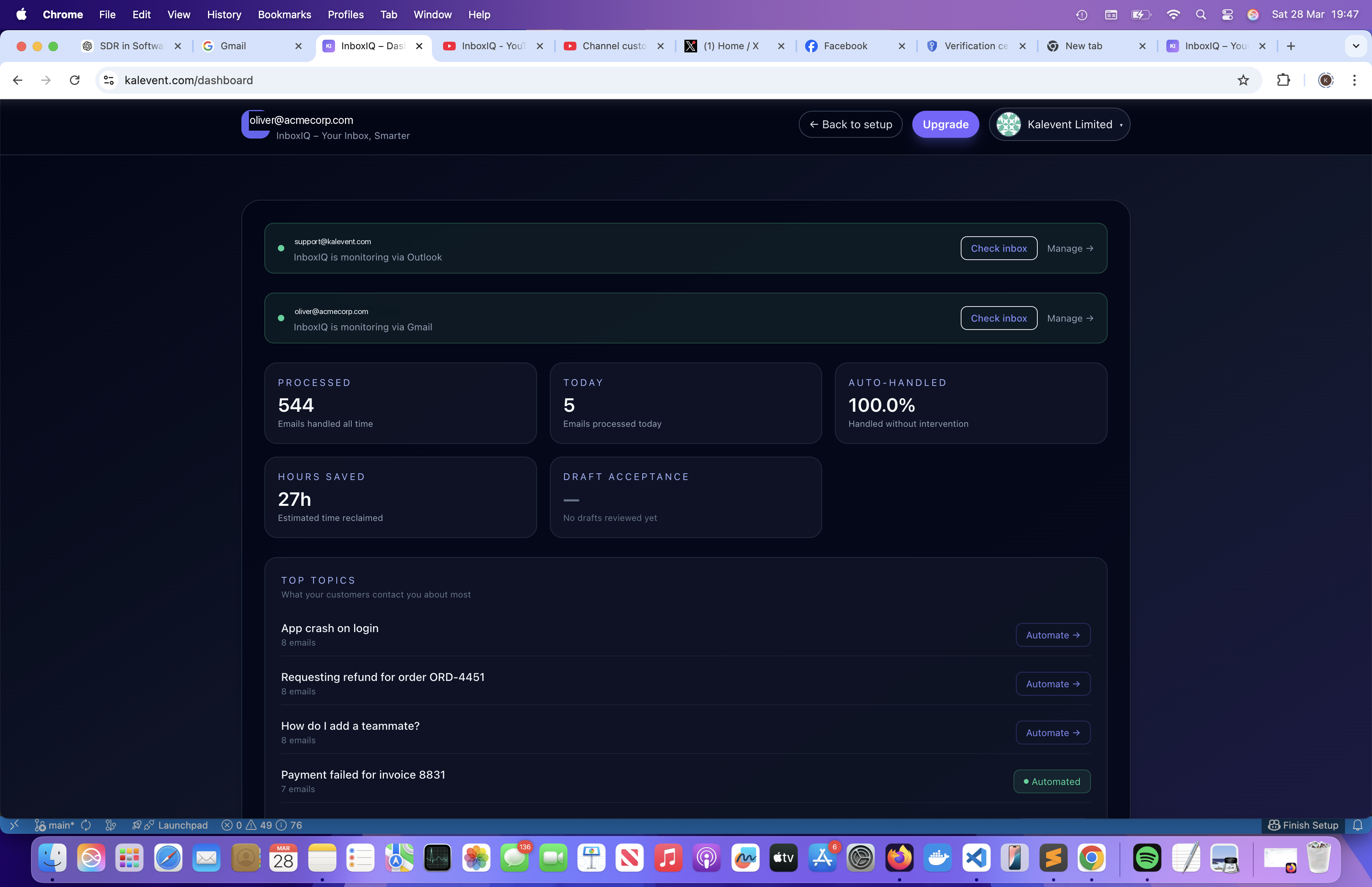 InboxIQ dashboard — triage, drafts and automation running inside your inbox