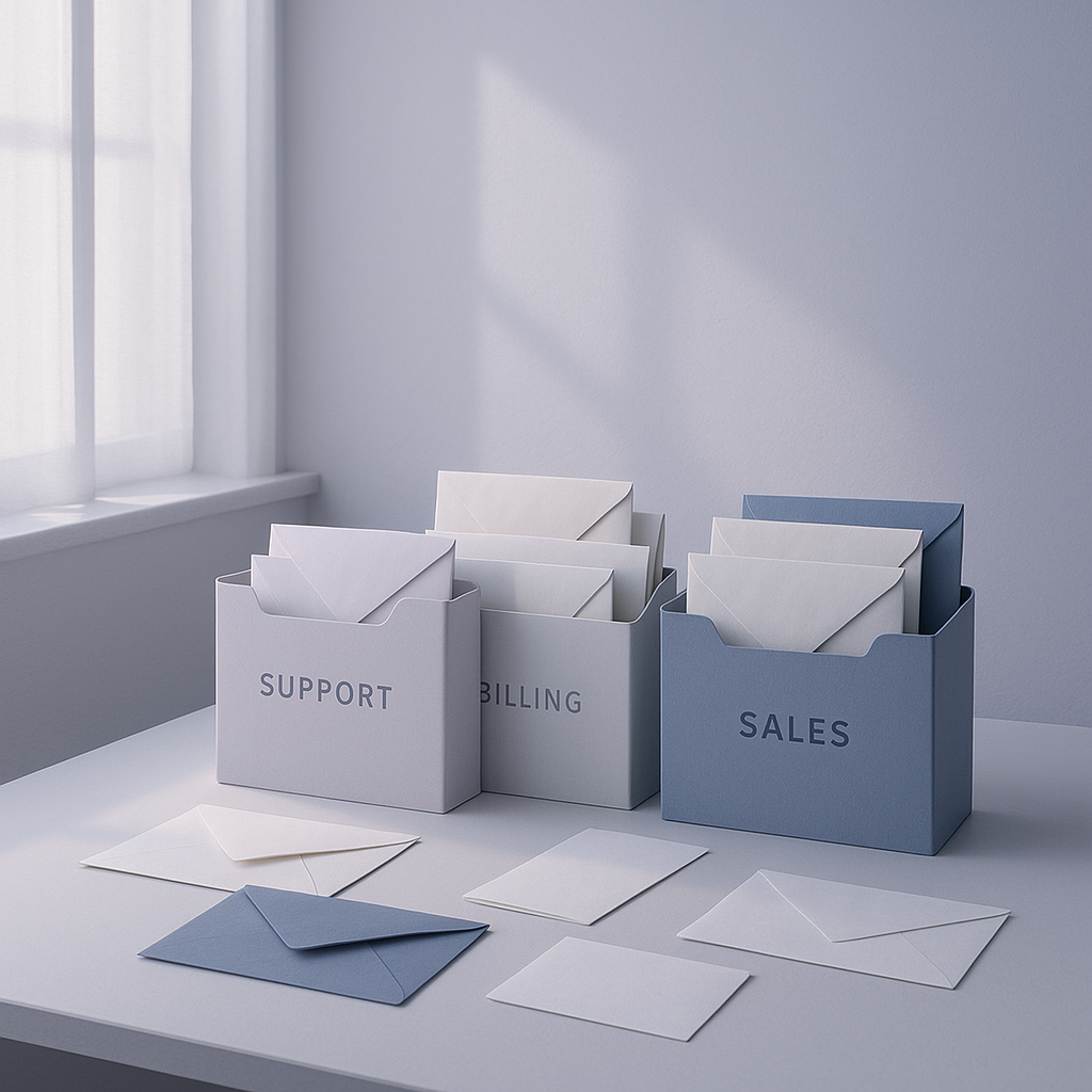 Envelopes sorted into Support, Billing, and Sales folders — email classification by intent